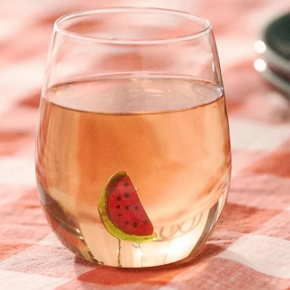 Anthropologie Cheerie Icon Stemless Wine Glass: Watermelon, NIB.